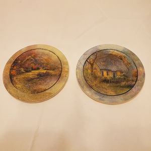 Vintage Country Cottage Stoneware And Cork Coasters, Set of 2